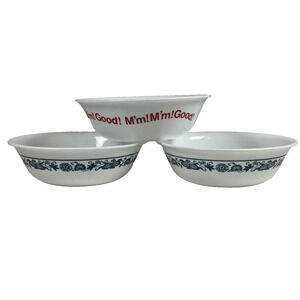 Corelle Corning 2 Vtg Old Town Blue Onion Soup Cereal Bowls + Campbell MmMm Good